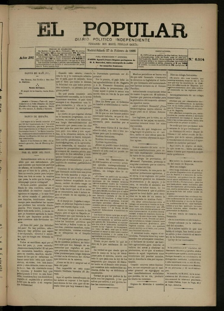 Miniatura de El Popular: diario independiente, político, literario y de noticias de interés general del 27 de febrero de 1886, nº 6514