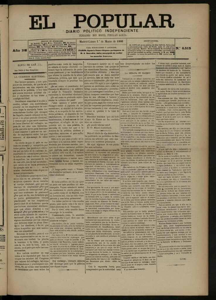 Miniatura de El Popular: diario independiente, político, literario y de noticias de interés general del 1 de marzo de 1886, nº 6515