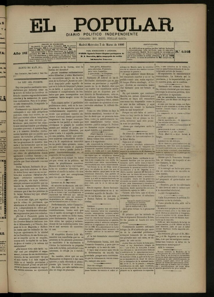 Miniatura de El Popular: diario independiente, político, literario y de noticias de interés general del 3 de marzo de 1886, nº 6516