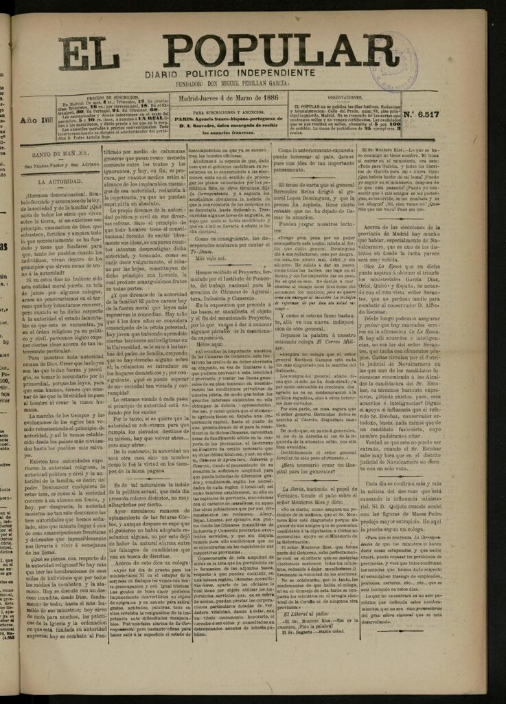 Miniatura de El Popular: diario independiente, político, literario y de noticias de interés general del 4 de marzo de 1886, nº 6517