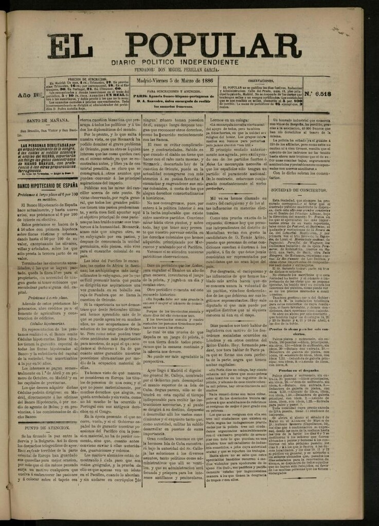 Miniatura de El Popular: diario independiente, político, literario y de noticias de interés general del 5 de marzo de 1886, nº 6518