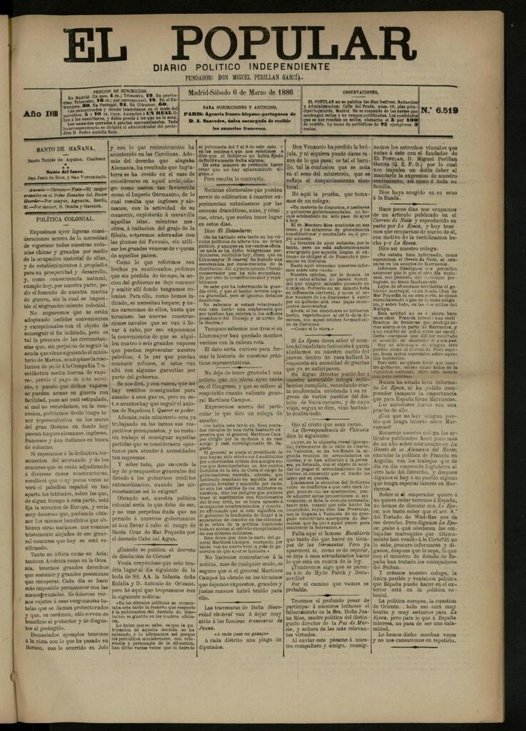Miniatura de El Popular: diario independiente, político, literario y de noticias de interés general del 6 de marzo de 1886, nº 6519