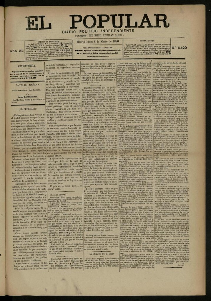 Miniatura de El Popular: diario independiente, político, literario y de noticias de interés general del 8 de marzo de 1886, nº 6520