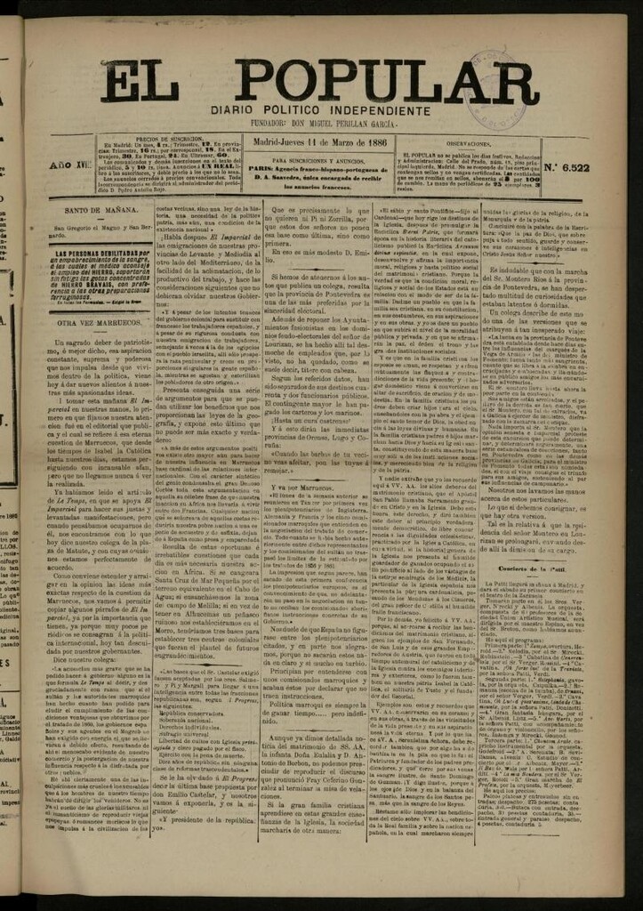 Miniatura de El Popular: diario independiente, político, literario y de noticias de interés general del 11 de marzo de 1886, nº 6522