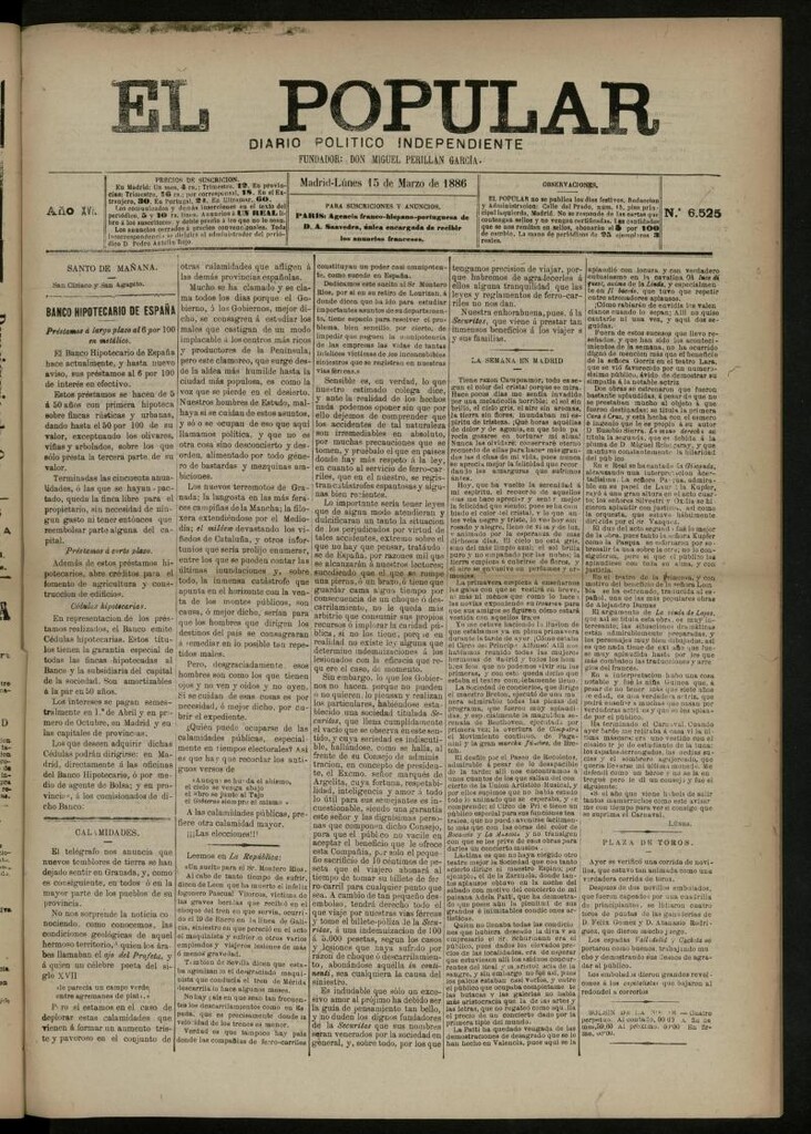 Miniatura de El Popular: diario independiente, político, literario y de noticias de interés general del 15 de marzo de 1886, nº 6525