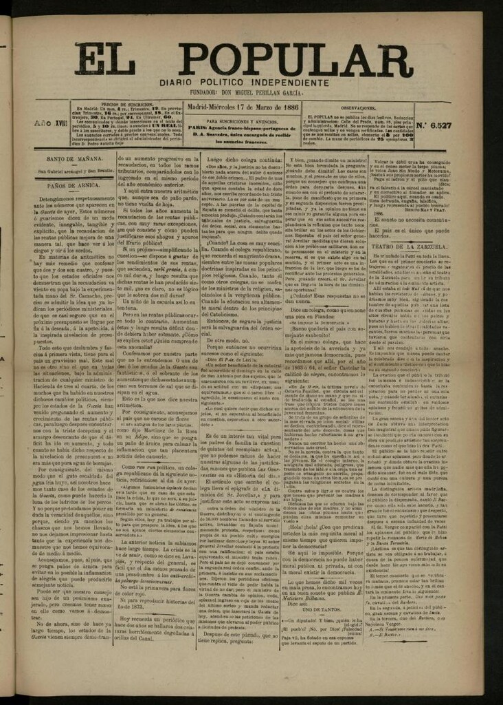 Miniatura de El Popular: diario independiente, político, literario y de noticias de interés general del 17 de marzo de 1886, nº 6527