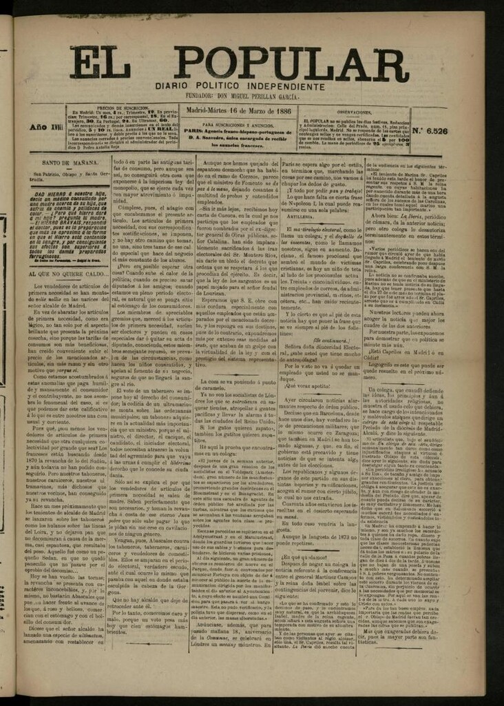 Miniatura de El Popular: diario independiente, político, literario y de noticias de interés general del 16 de marzo de 1886, nº 6526