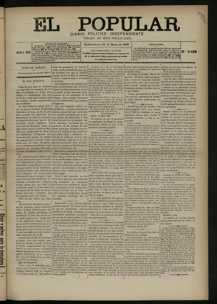 Miniatura de El Popular: diario independiente, político, literario y de noticias de interés general del 18 de marzo de 1886, nº 6528