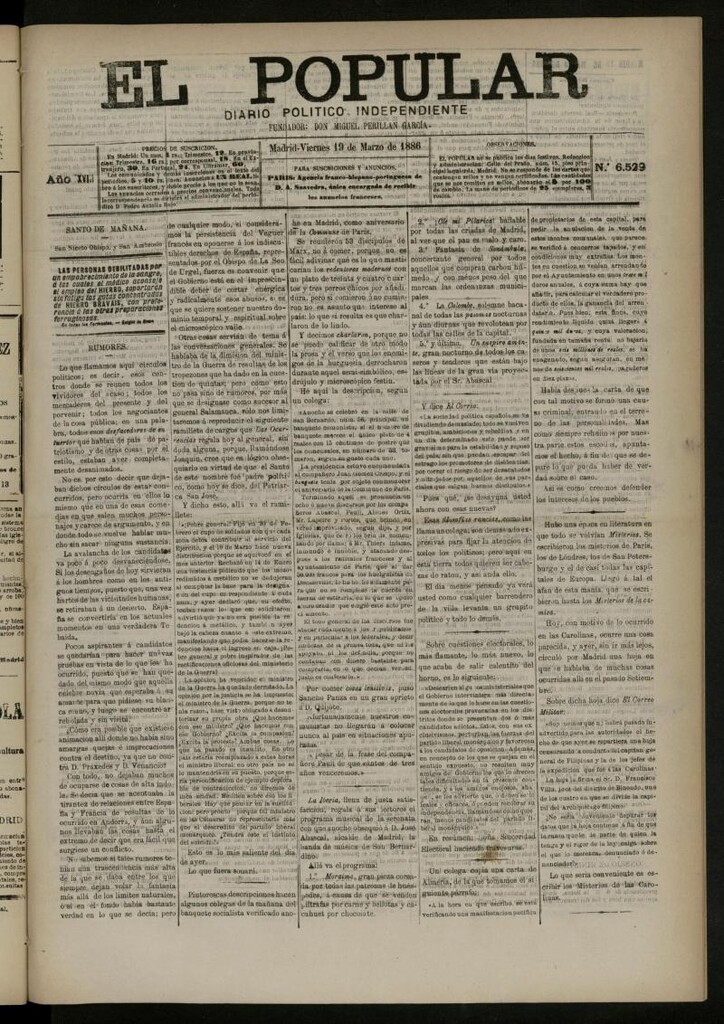 Miniatura de El Popular: diario independiente, político, literario y de noticias de interés general del 19 de marzo de 1886, nº 6529