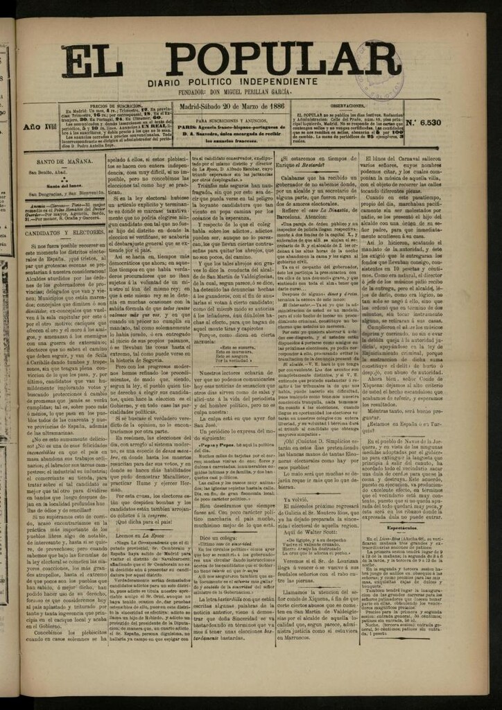 Miniatura de El Popular: diario independiente, político, literario y de noticias de interés general del 20 de marzo de 1886, nº 6530