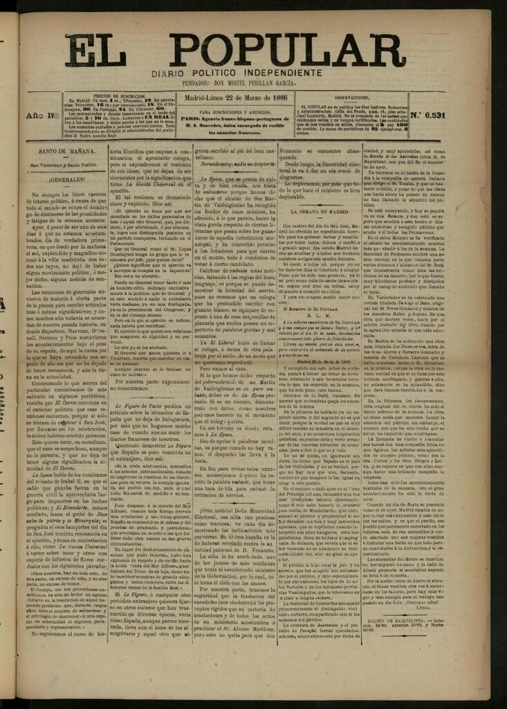 Miniatura de El Popular: diario independiente, político, literario y de noticias de interés general del 22 de marzo de 1886, nº 6531