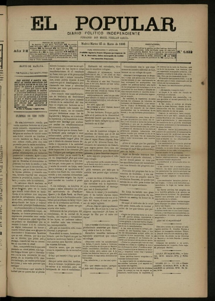 Miniatura de El Popular: diario independiente, político, literario y de noticias de interés general del 23 de marzo de 1886, nº 6532
