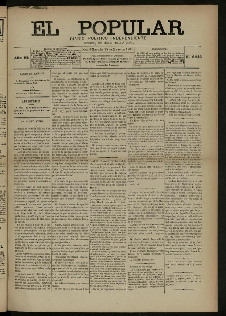 Miniatura de El Popular: diario independiente, político, literario y de noticias de interés general del 25 de marzo de 1886, nº 6533