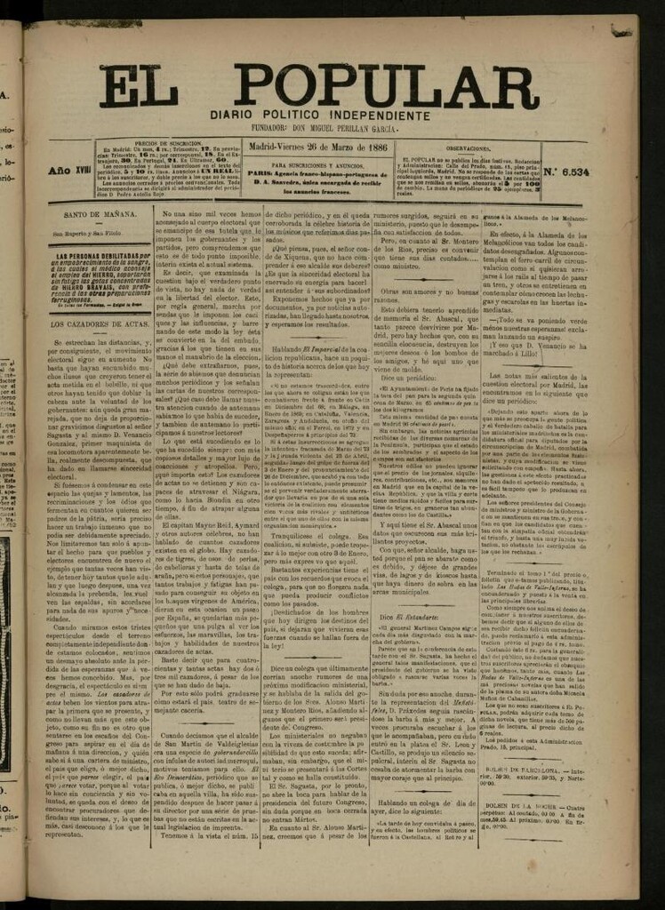 Miniatura de El Popular: diario independiente, político, literario y de noticias de interés general del 26 de marzo de 1886, nº 6534