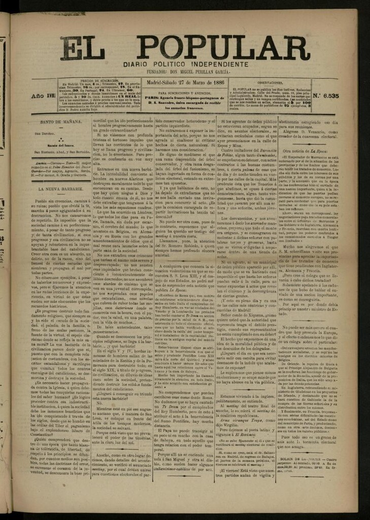 Miniatura de El Popular: diario independiente, político, literario y de noticias de interés general del 27 de marzo de 1886, nº 6535