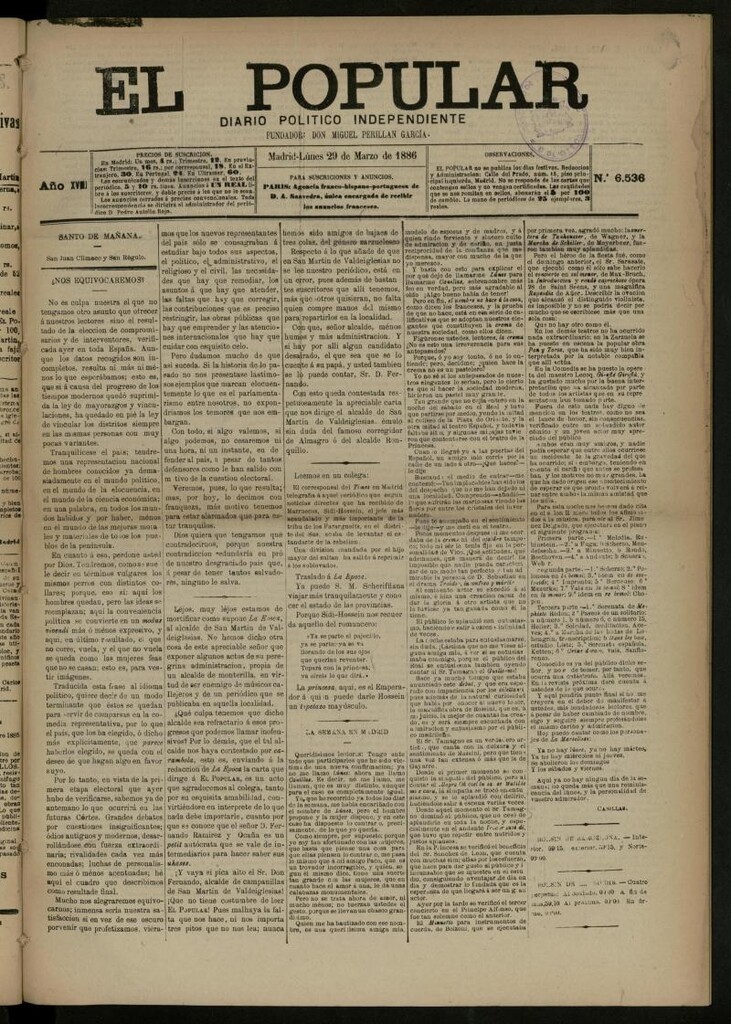 Miniatura de El Popular: diario independiente, político, literario y de noticias de interés general del 29 de marzo de 1886, nº 6536