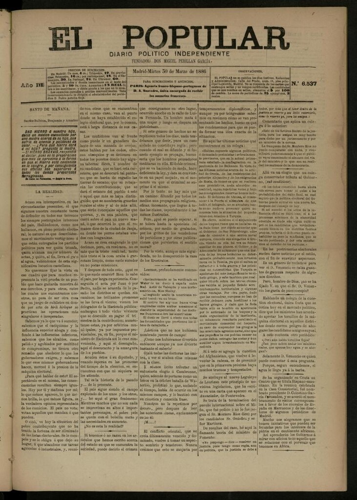 Miniatura de El Popular: diario independiente, político, literario y de noticias de interés general del 30 de marzo de 1886, nº 6537