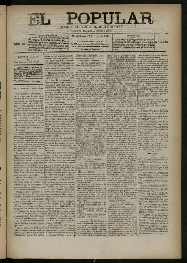 Miniatura de El Popular: diario independiente, político, literario y de noticias de interés general del 2 de abril de 1886, nº 6540