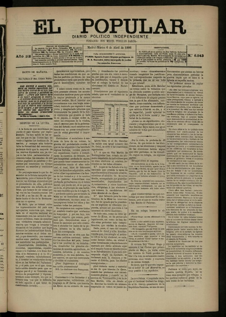 Miniatura de El Popular: diario independiente, político, literario y de noticias de interés general del 6 de abril de 1886, nº 6543
