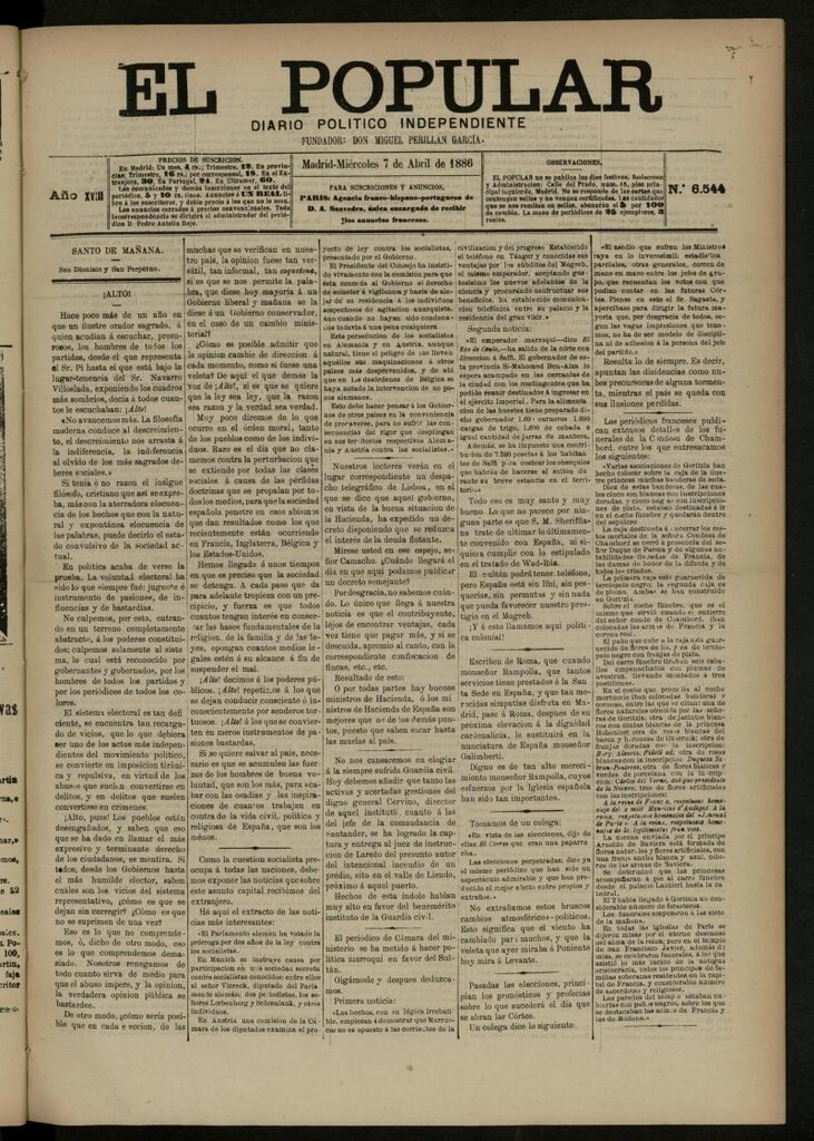Miniatura de El Popular: diario independiente, político, literario y de noticias de interés general del 7 de abril de 1886, nº 6544
