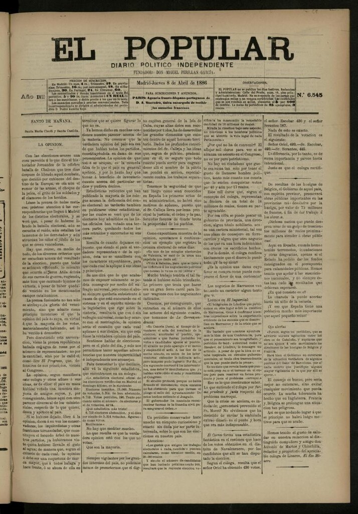 Miniatura de El Popular: diario independiente, político, literario y de noticias de interés general del 8 de abril de 1886, nº 6545