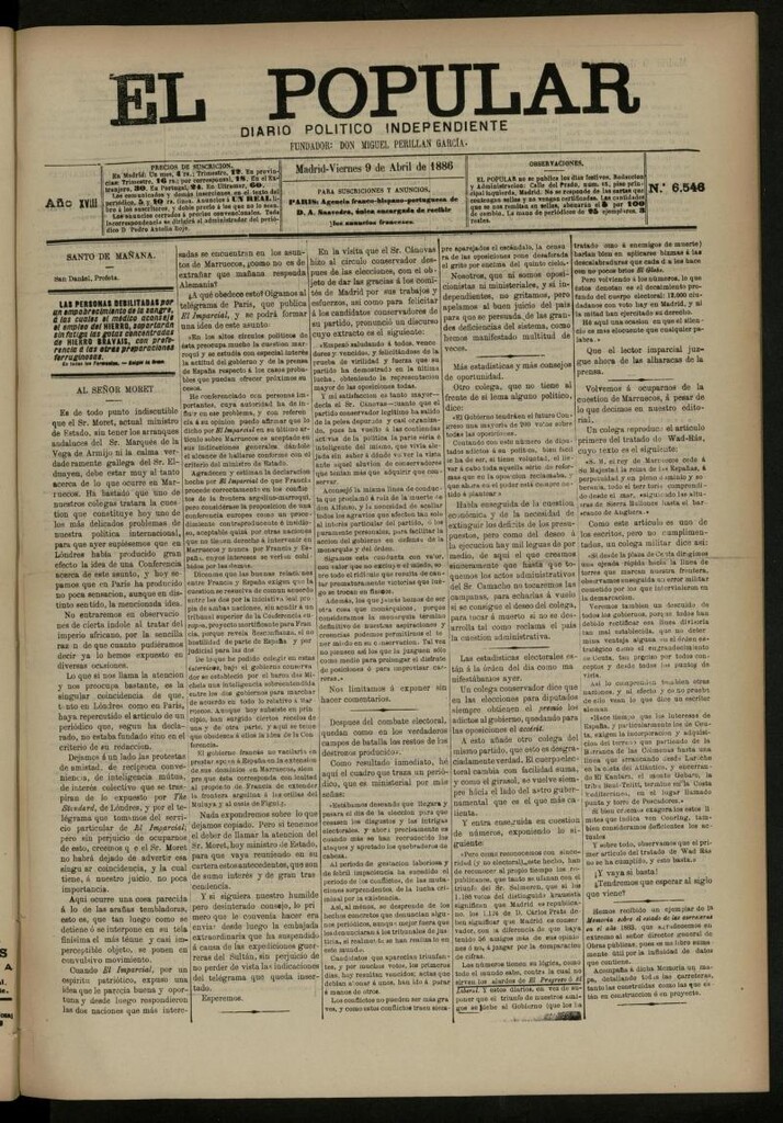 Miniatura de El Popular: diario independiente, político, literario y de noticias de interés general del 9 de abril de 1886, nº 6546