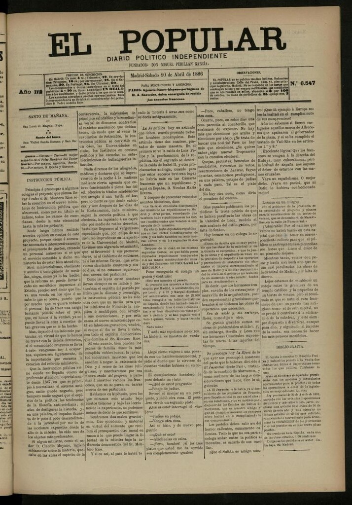 Miniatura de El Popular: diario independiente, político, literario y de noticias de interés general del 10 de abril de 1886, nº 6547