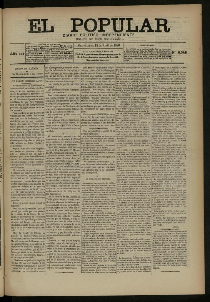 Miniatura de El Popular: diario independiente, político, literario y de noticias de interés general del 12 de abril de 1886, nº 6548