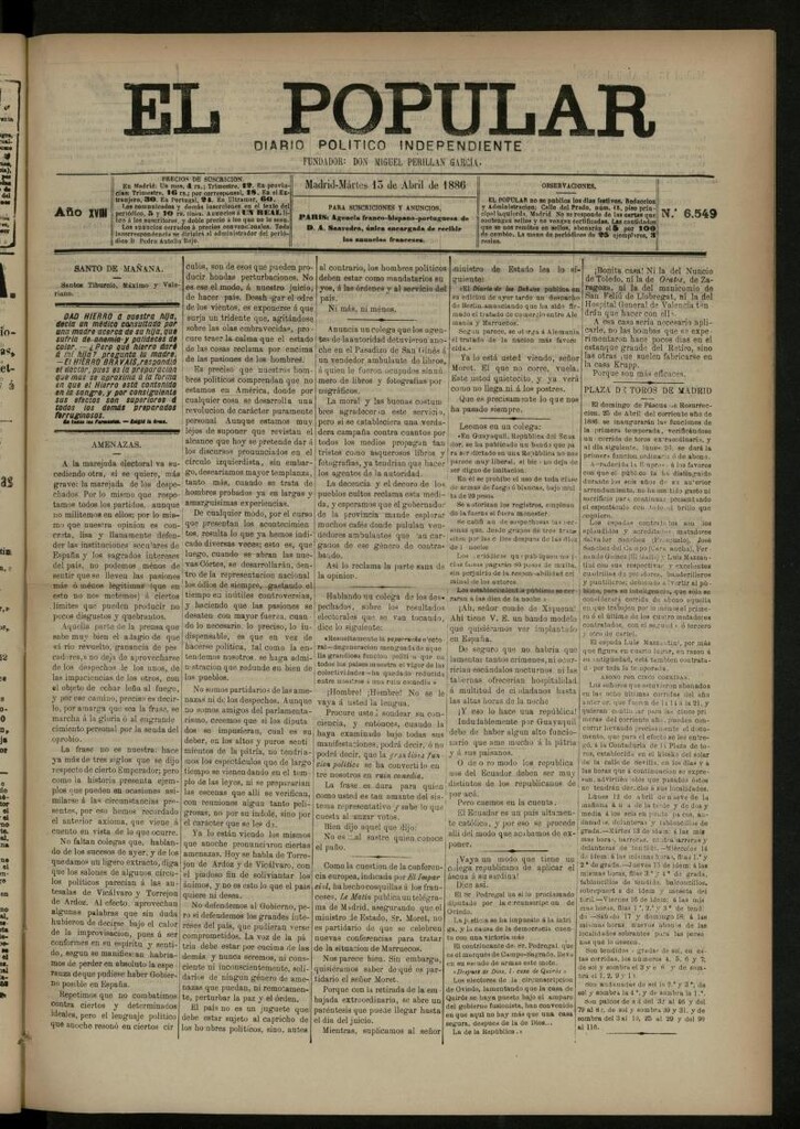 Miniatura de El Popular: diario independiente, político, literario y de noticias de interés general del 13 de abril de 1886, nº 6549