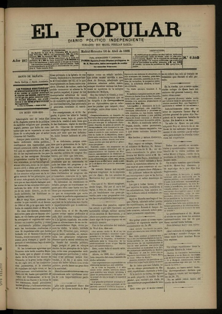 Miniatura de El Popular: diario independiente, político, literario y de noticias de interés general del 14 de abril de 1886, nº 6550
