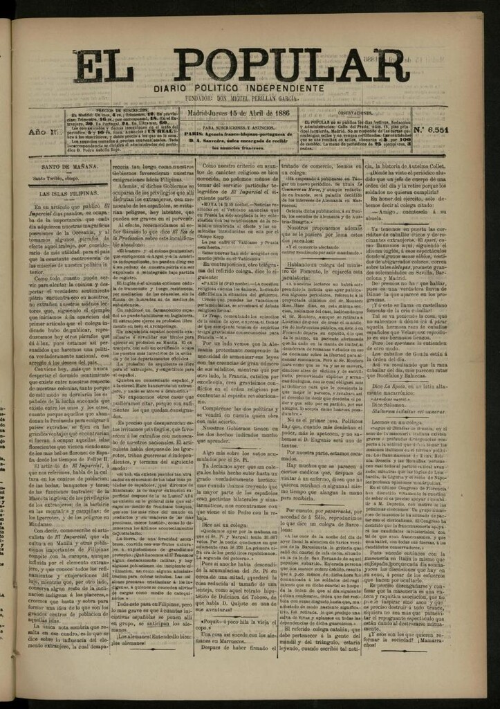 Miniatura de El Popular: diario independiente, político, literario y de noticias de interés general del 15 de abril de 1886, nº 6551