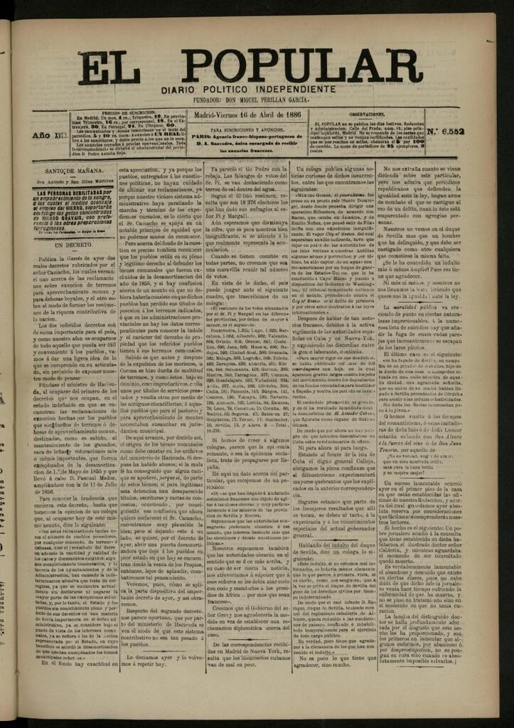 Miniatura de El Popular: diario independiente, político, literario y de noticias de interés general del 16 de abril de 1886, nº 6552