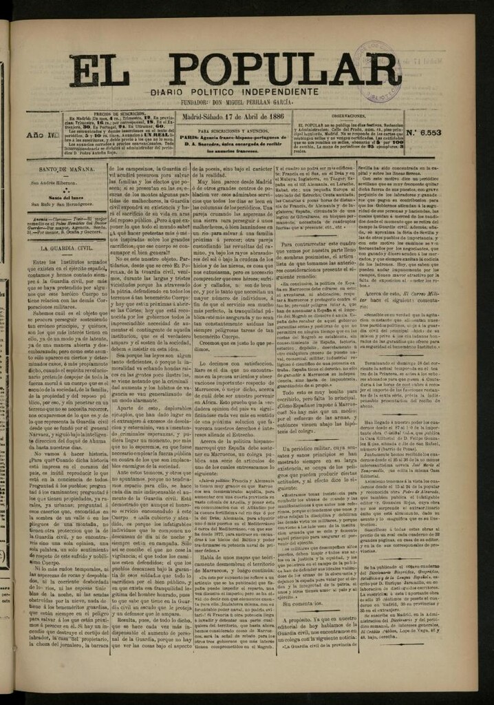 Miniatura de El Popular: diario independiente, político, literario y de noticias de interés general del 17 de abril de 1886, nº 6553