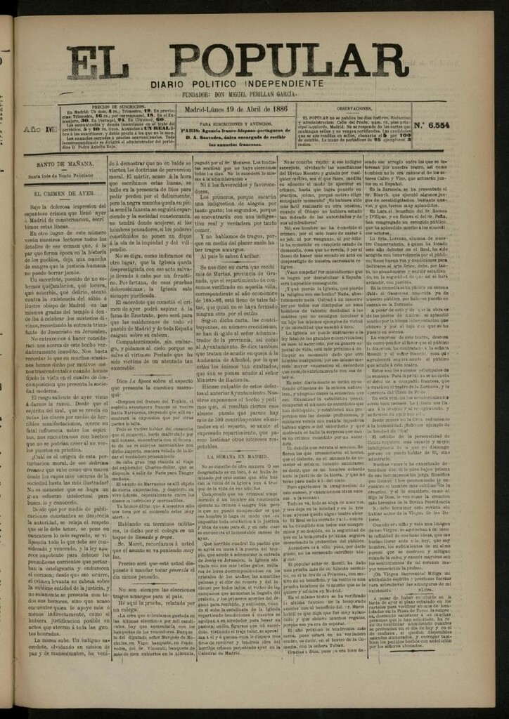 Miniatura de El Popular: diario independiente, político, literario y de noticias de interés general del 19 de abril de 1886, nº 6554