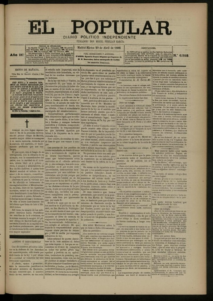 Miniatura de El Popular: diario independiente, político, literario y de noticias de interés general del 20 de abril de 1886, nº 6555