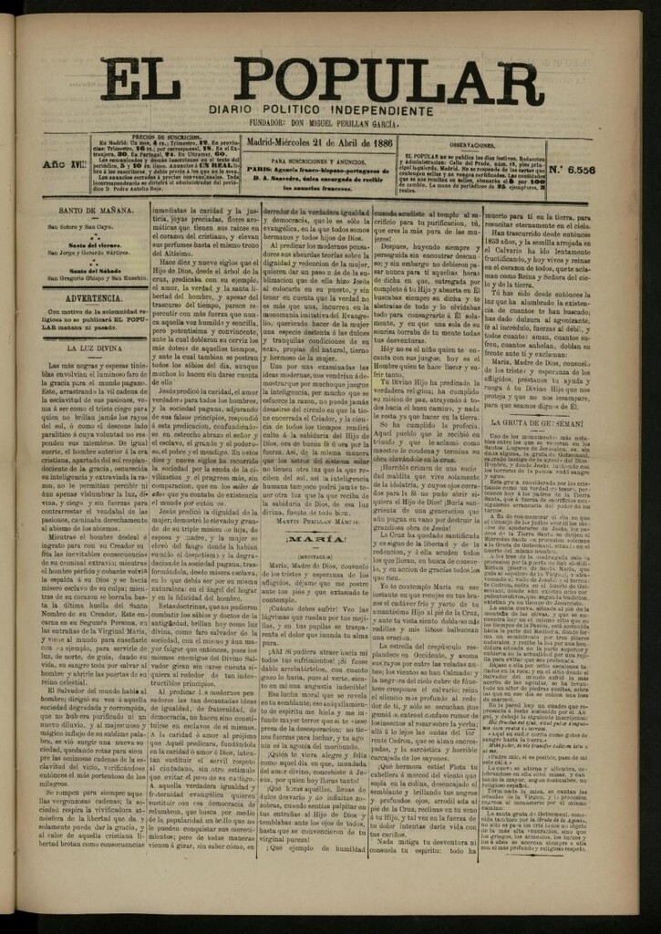 Miniatura de El Popular: diario independiente, político, literario y de noticias de interés general del 21 de abril de 1886, nº 6556