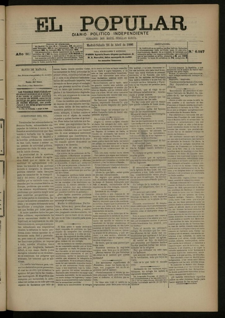 Miniatura de El Popular: diario independiente, político, literario y de noticias de interés general del 24 de abril de 1886, nº 6557