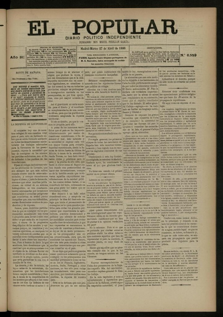 Miniatura de El Popular: diario independiente, político, literario y de noticias de interés general del 27 de abril de 1886, nº 6559