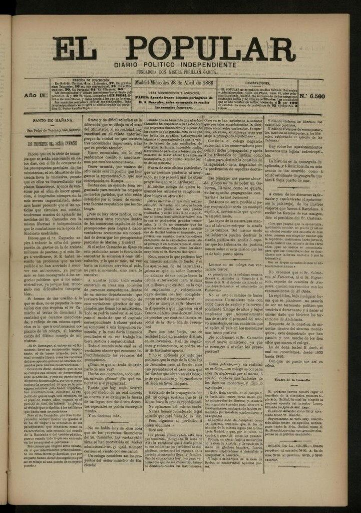 Miniatura de El Popular: diario independiente, político, literario y de noticias de interés general del 28 de abril de 1886, nº 6560