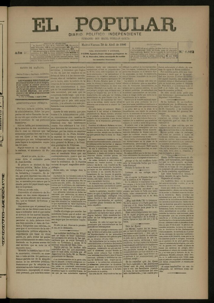 Miniatura de El Popular: diario independiente, político, literario y de noticias de interés general del 30 de abril de 1886, nº 6562