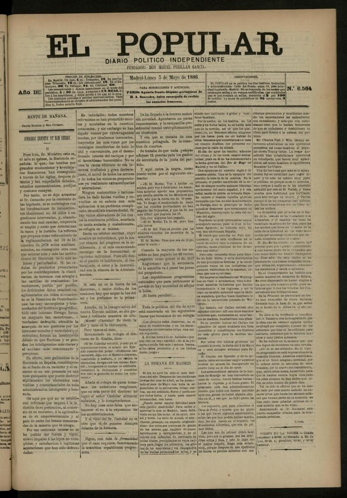 Miniatura de El Popular: diario independiente, político, literario y de noticias de interés general del 3 de mayo de 1886, nº 6564