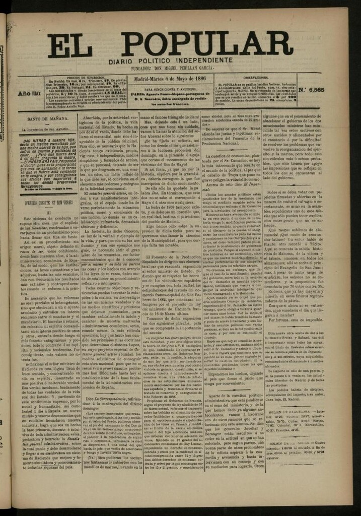 Miniatura de El Popular: diario independiente, político, literario y de noticias de interés general del 4 de mayo de 1886, nº 6565