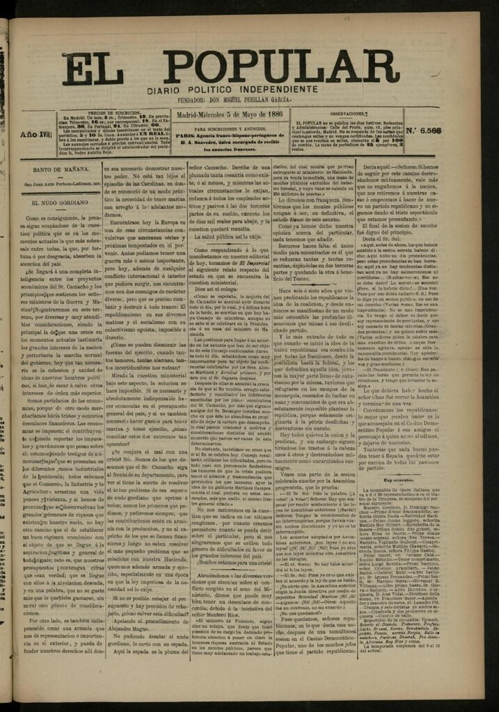 Miniatura de El Popular: diario independiente, político, literario y de noticias de interés general del 5 de mayo de 1886, nº 6566