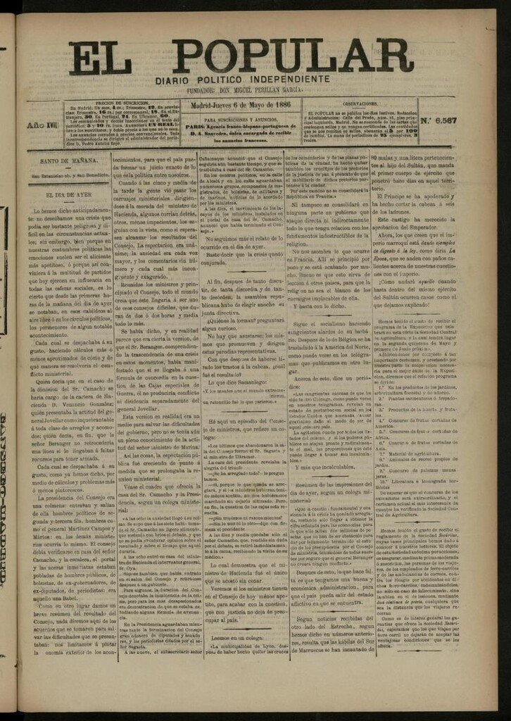 Miniatura de El Popular: diario independiente, político, literario y de noticias de interés general del 6 de mayo de 1886, nº 6567