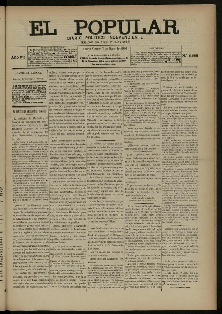 Miniatura de El Popular: diario independiente, político, literario y de noticias de interés general del 7 de mayo de 1886, nº 6568