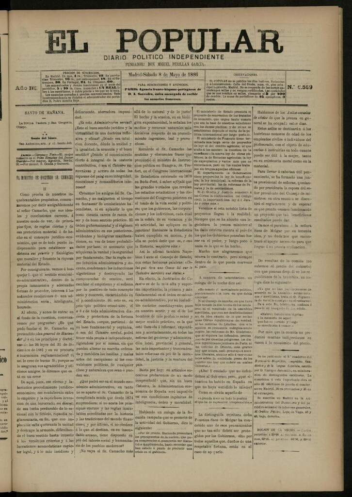 Miniatura de El Popular: diario independiente, político, literario y de noticias de interés general del 8 de mayo de 1886, nº 6569