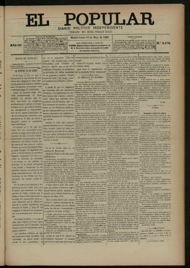 Miniatura de El Popular: diario independiente, político, literario y de noticias de interés general del 10 de mayo de 1886, nº 6570