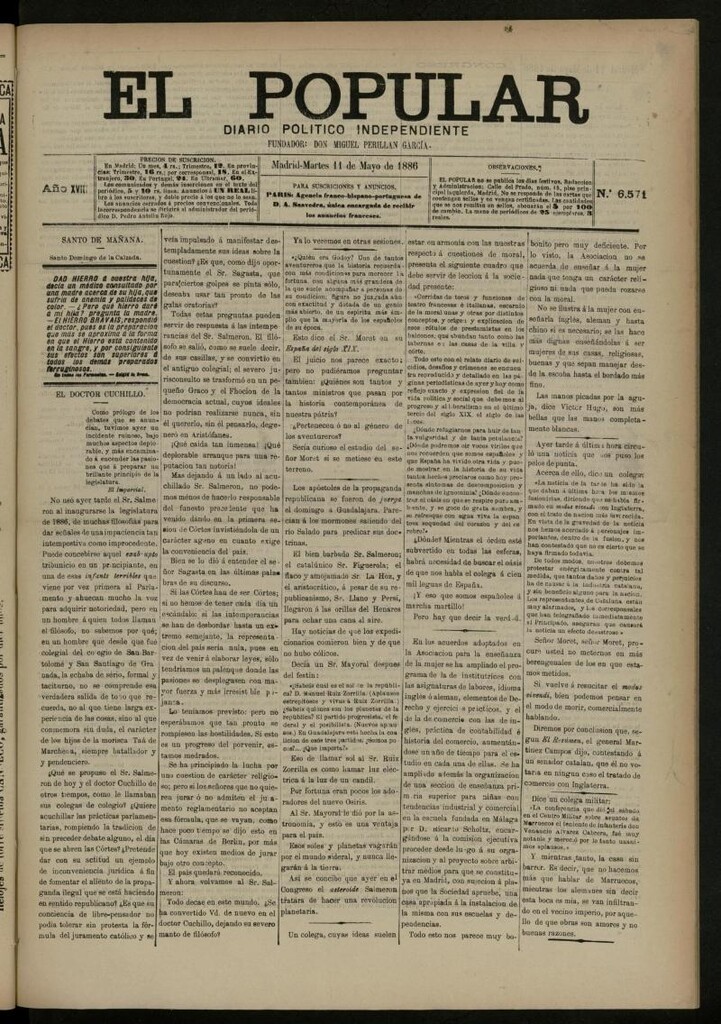 Miniatura de El Popular: diario independiente, político, literario y de noticias de interés general del 11 de mayo de 1886, nº 6571
