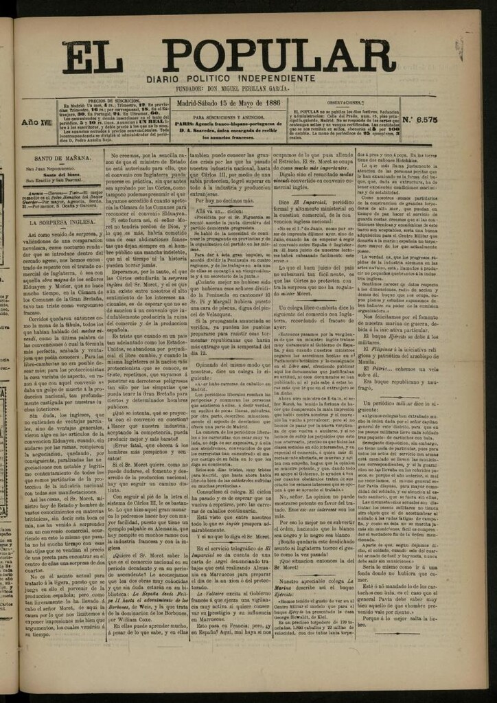 Miniatura de El Popular: diario independiente, político, literario y de noticias de interés general del 15 de mayo de 1886, nº 6575