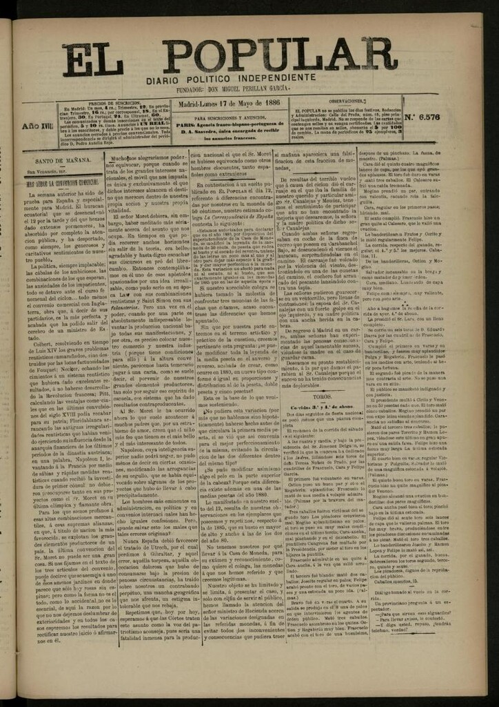 Miniatura de El Popular: diario independiente, político, literario y de noticias de interés general del 17 de mayo de 1886, nº 6576